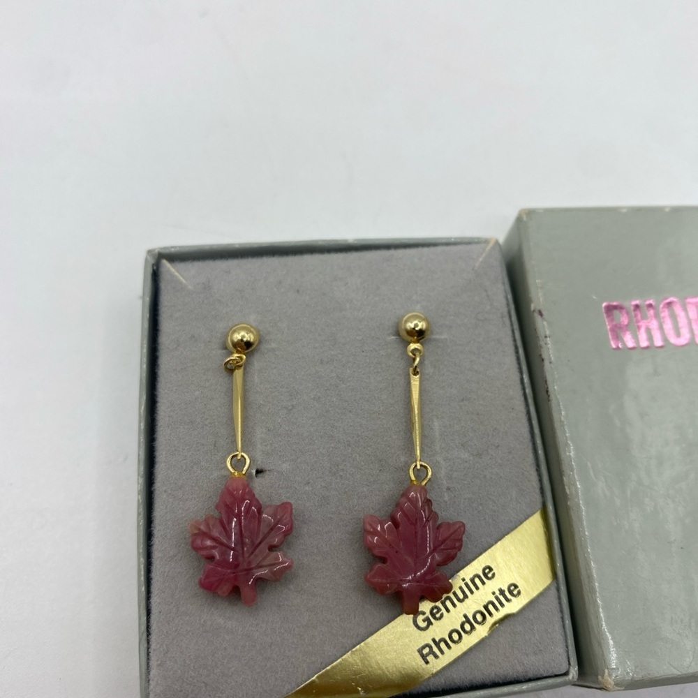 Gold Plated earrings with Carved pink Rhodonite leaves 1.5” - Picture 7 of 8